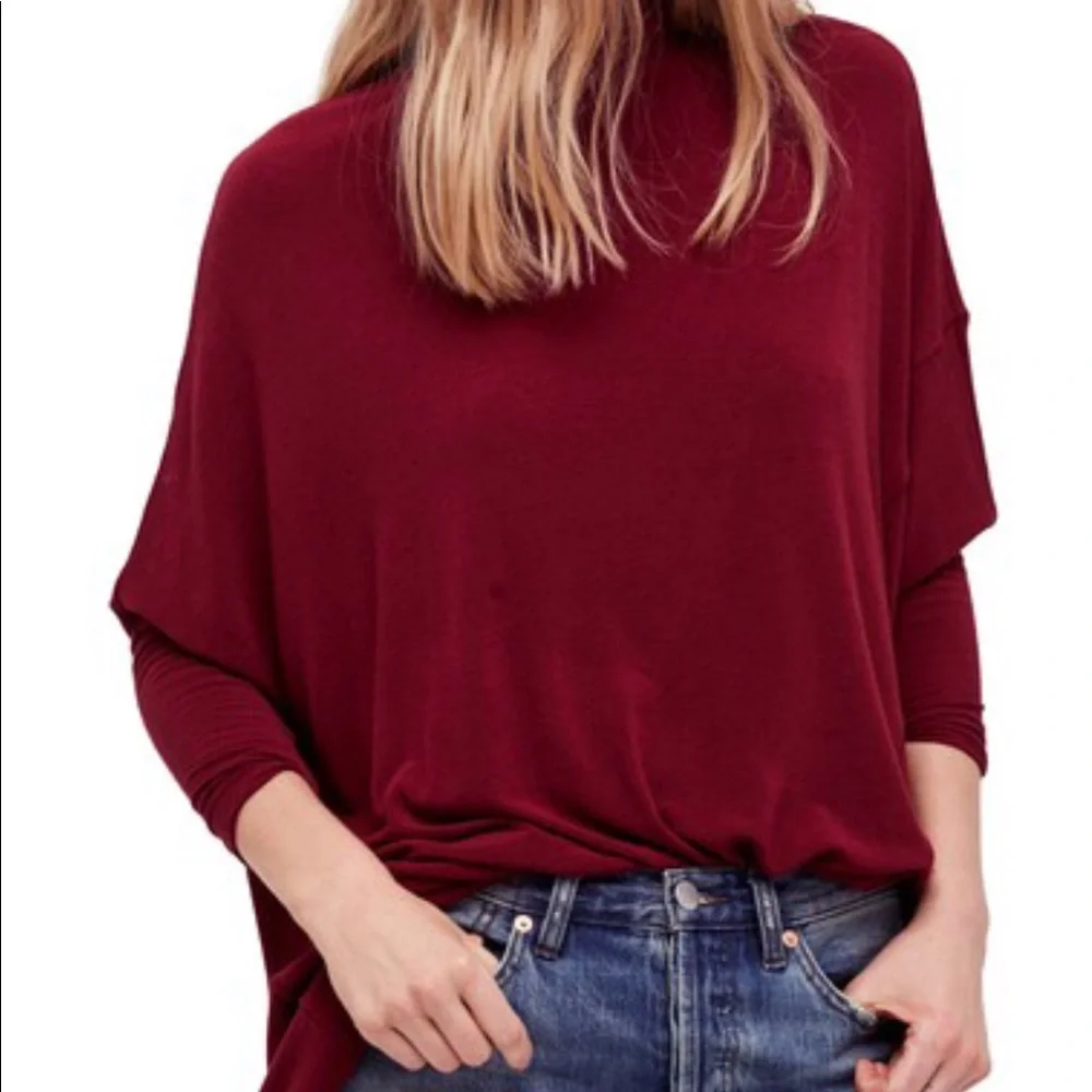 NWT FREE PEOPLE MOCK NECK DOLMAN LONG SLEEVE TOP BURGUNDY Boho Chic Minimalist‎